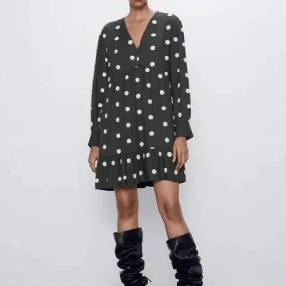 Zara Dresses & Skirts - Zara Olive Green Baby Doll Tiered Ruffle Polka Dot Mini Dress Size Large
